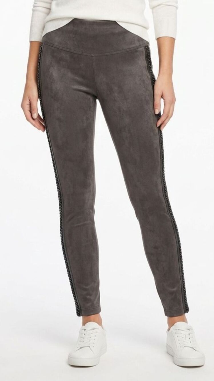 WHBM Faux Suede Chain Trim Runway Leggings Charcoal Gray Side Stripe 6S EUC